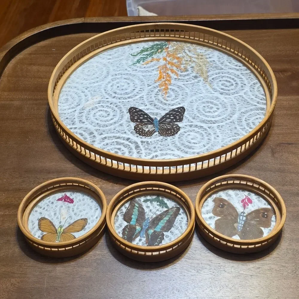 Vintage Round Wood Butterfly Coaster Set 6pc w/ Tray, Made in Taiwan
